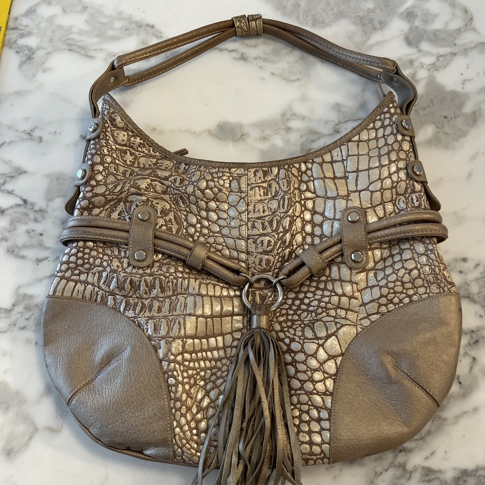 Pietro Alessandro Metallic Taupe Croc-Embossed Satchel with Tassel